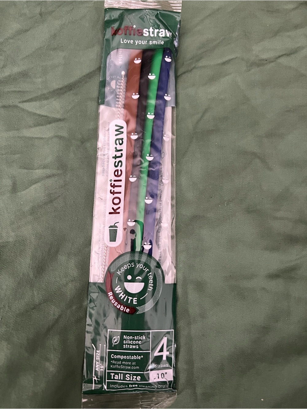 KoffieStraw Reusable Silicone Straws - Brown, Black, Green, Blue (4 Pack)